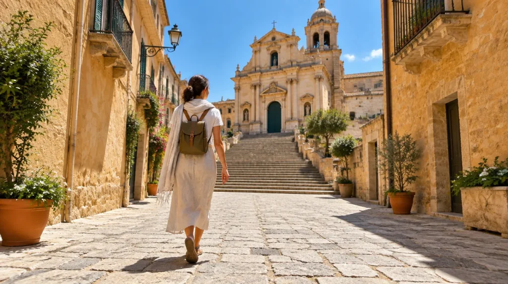 Touriste en jupe longue sous le genou avec un foulard sur les épaules, marchant vers une église baroque dans une vieille ville méditerranéenne