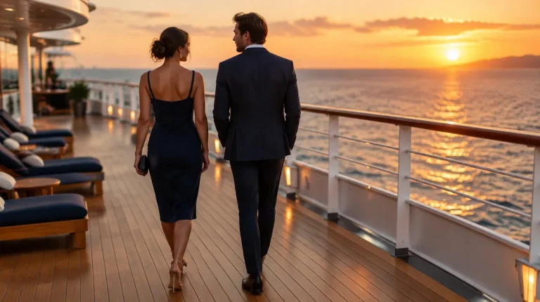 Couple en tenue de soirée sur le pont d'un navire de croisière au coucher du soleil