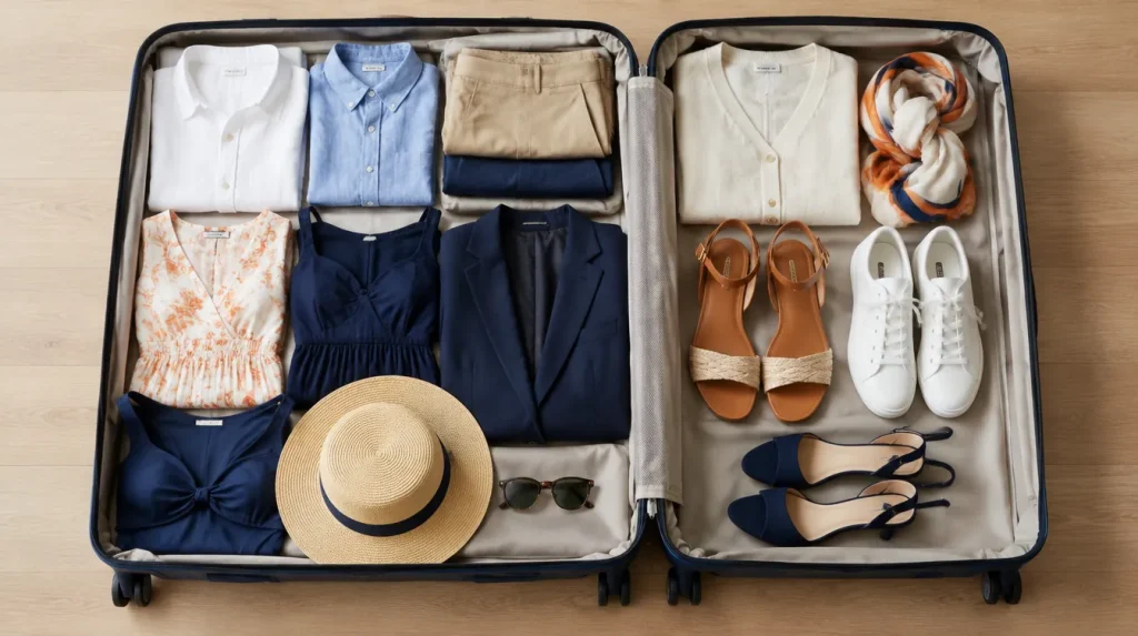 Valise ouverte vue de dessus avec chemises en lin, chino, robe d'été, robe bleu marine, blazer, maillot, chapeau de paille, sandales, baskets blanches et escarpins